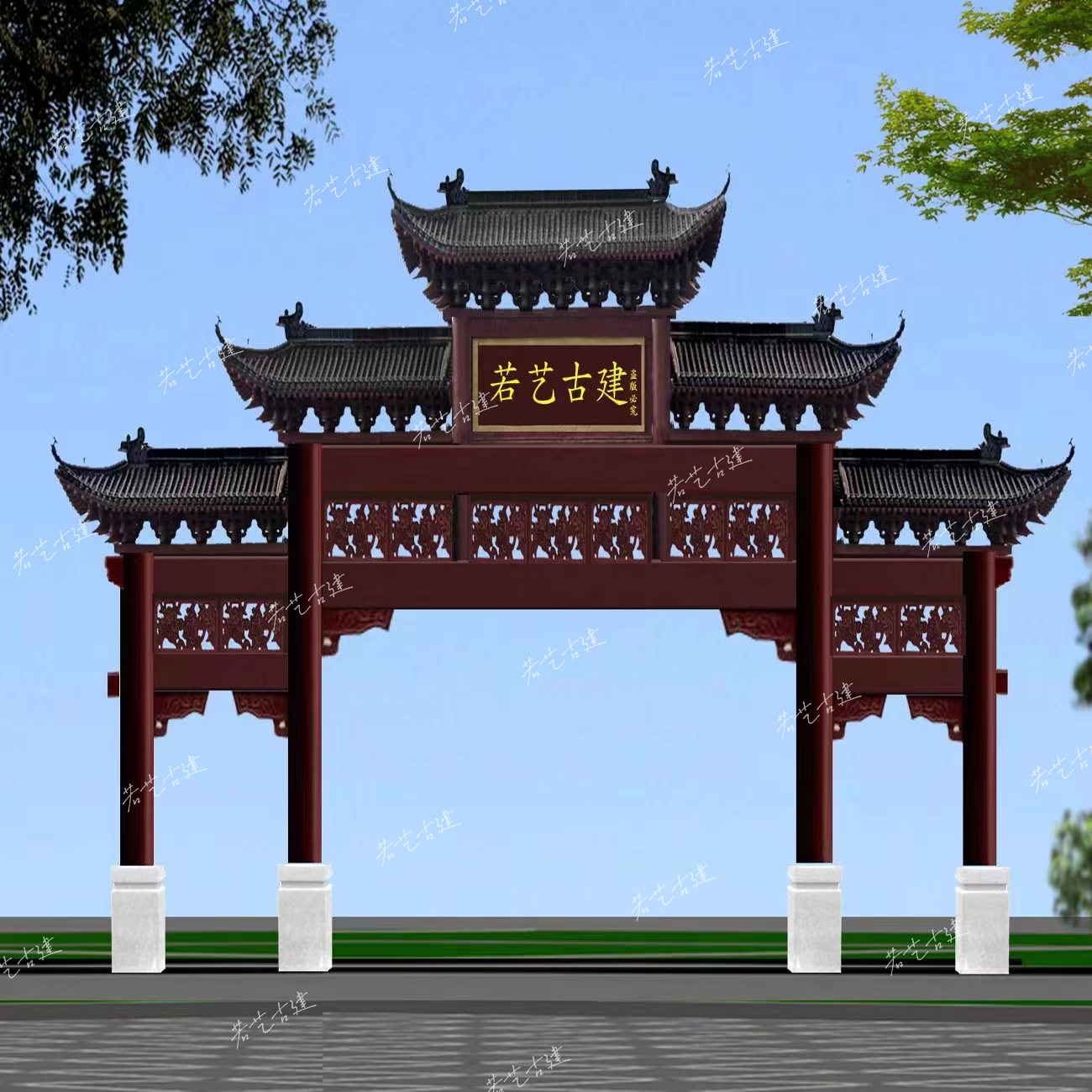 仿古水泥牌楼,三层牌坊,仿古门牌,你是否对村庄四柱木制门楼制作过程