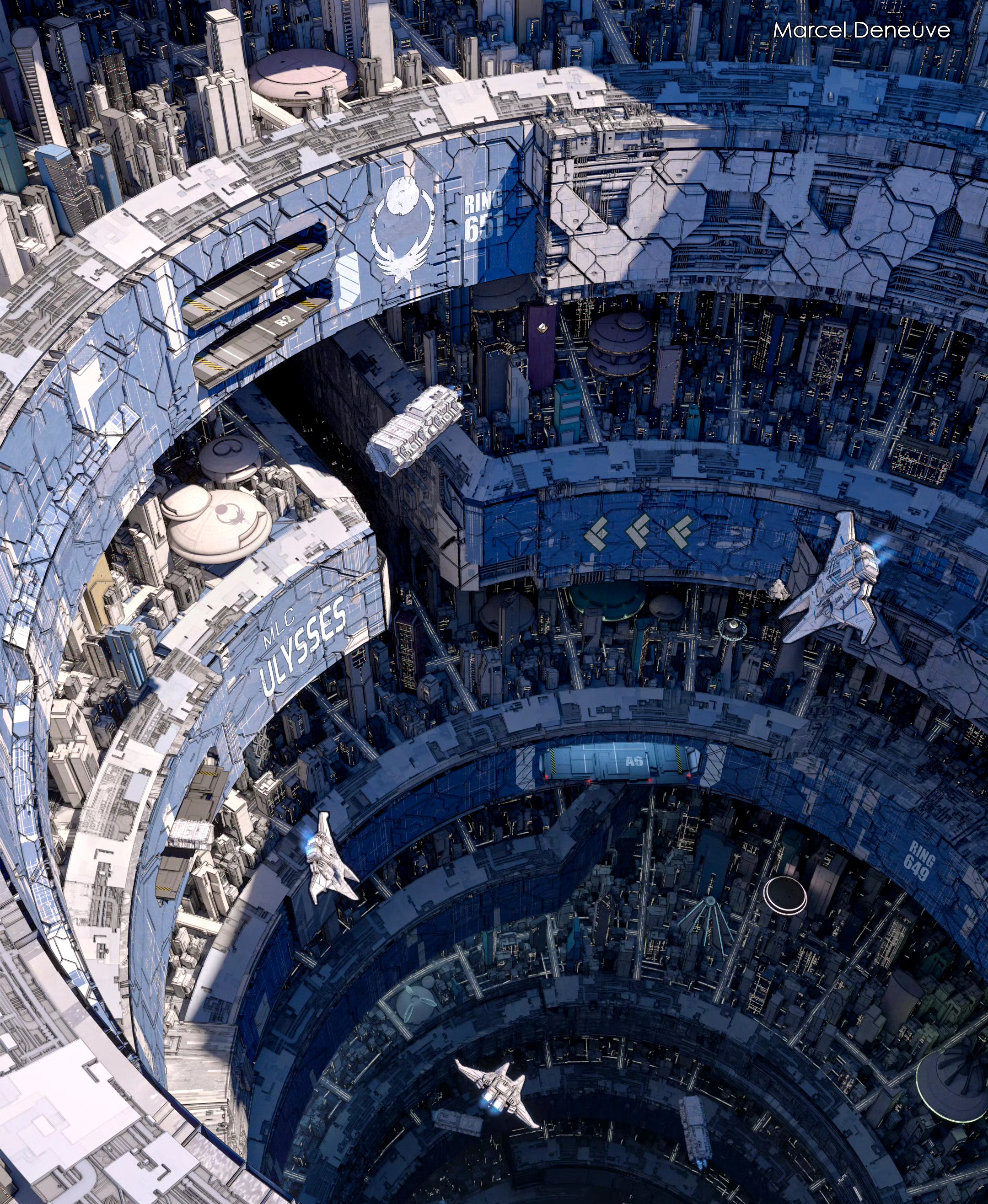 deneuve科幻场景绘画欣赏,描绘了一个科技发达的世界,人类建造了巨大