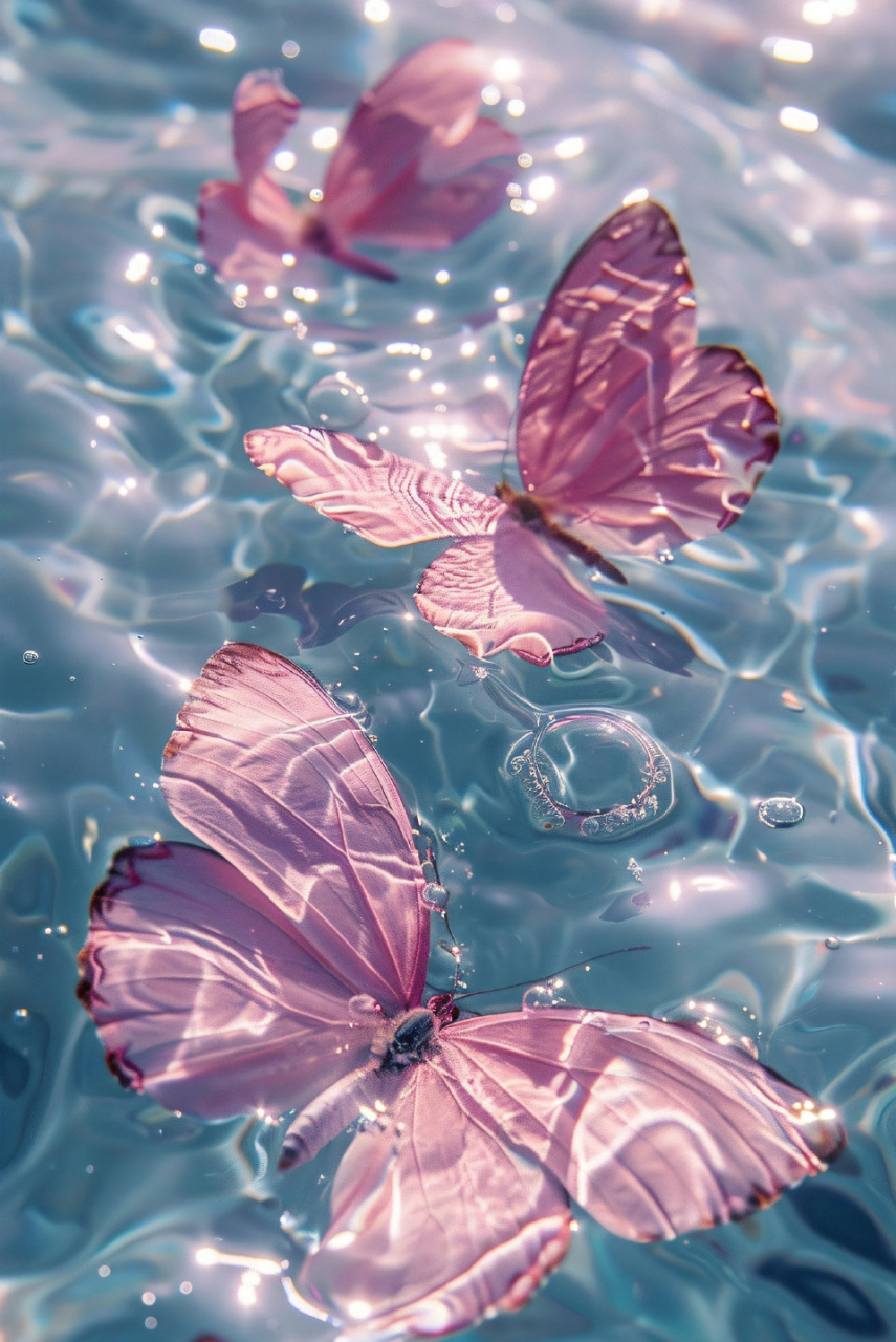 波光粼粼 x 粉色蝴蝶壁纸 粉蝶如同粉色的花瓣悠然漂浮在平静的水面之