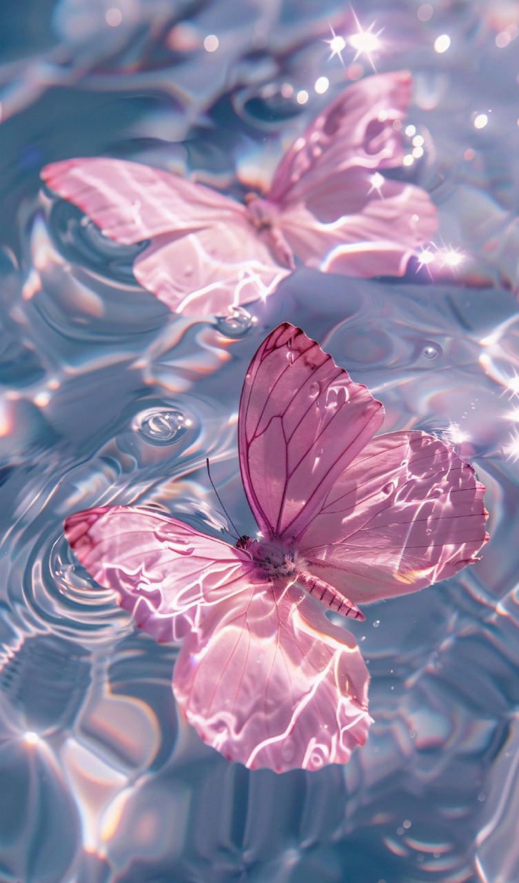 波光粼粼 x 粉色蝴蝶壁纸 粉蝶如同粉色的花瓣悠然漂浮在平静的水面之