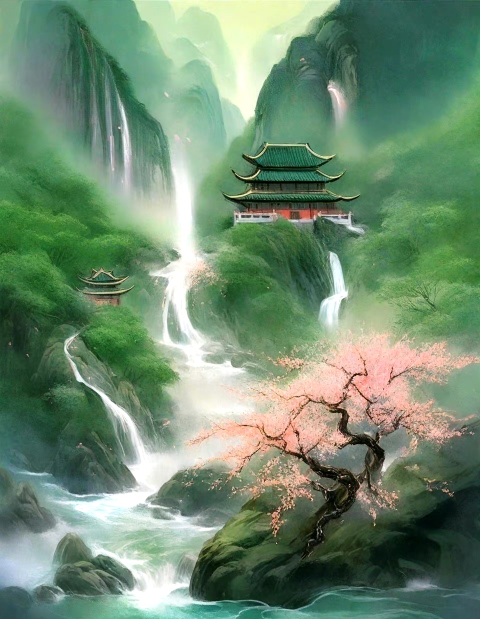 ai生成的一组国风绘画作品,描绘了山谷中桃花盛开的风景,扣合了诗句"
