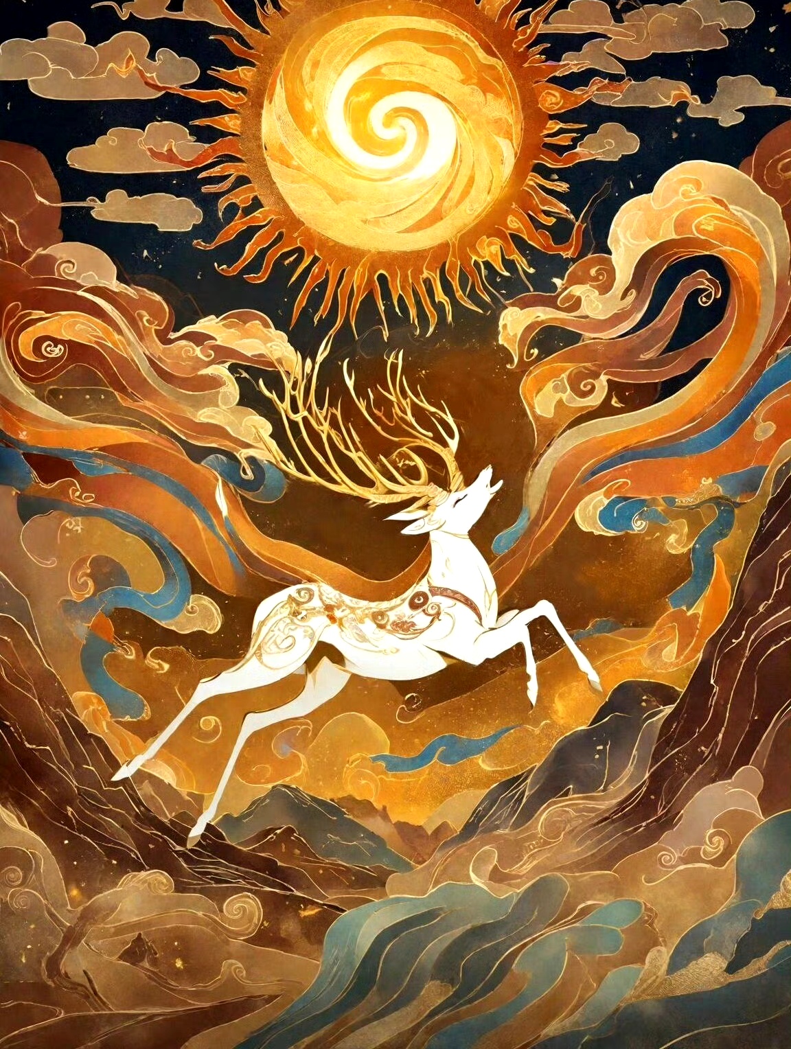 分享一组九色鹿绘画作品,描绘了传说中的九色鹿在山水间奔跑的情景