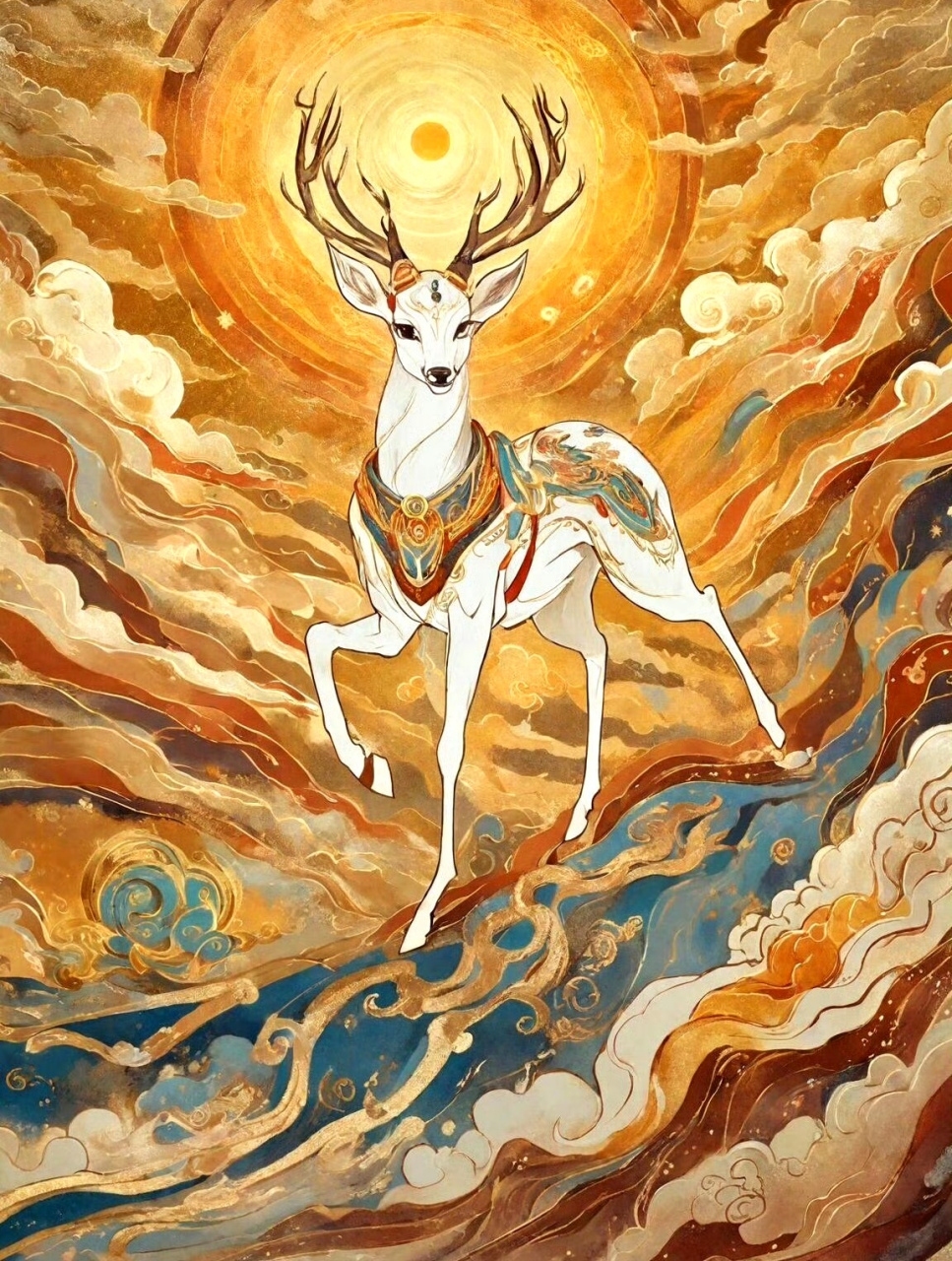 分享一组九色鹿绘画作品,描绘了传说中的九色鹿在山水间奔跑的情景