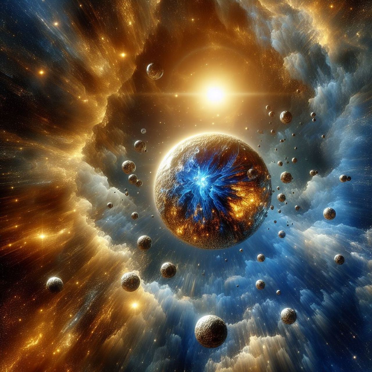 这是一个充满活力和色彩的宇宙,蓝色和金色混合的星球,周围环绕着许多