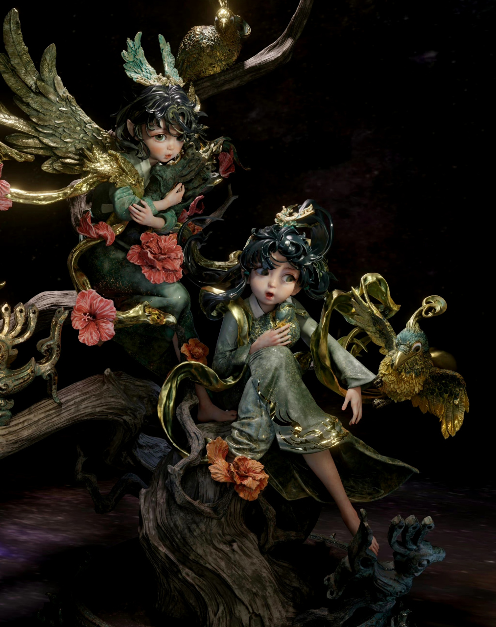 模型欣赏:一组三星堆青铜鸟拟人手办,赋予了文物可爱灵动的风格,by d2