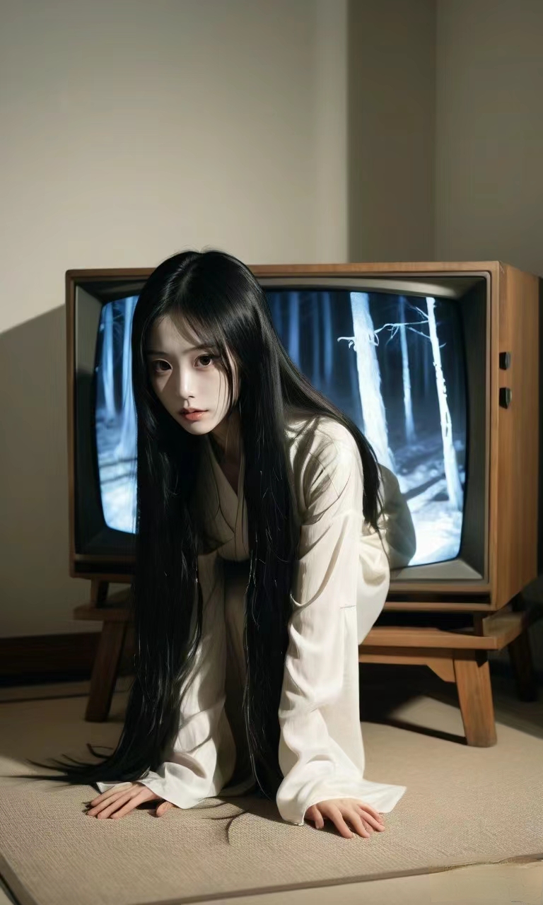 可爱的贞子,长发女性坐在旧式电视机前,她的眼神中似乎藏着深深的思绪