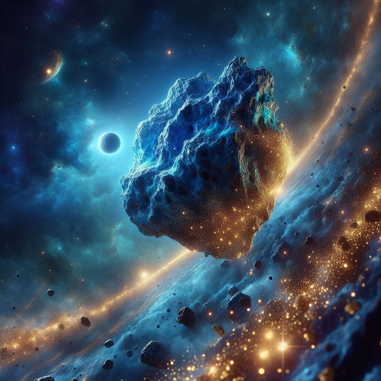 这是一个充满活力和色彩的宇宙,蓝色和金色混合的星球,周围环绕着许多