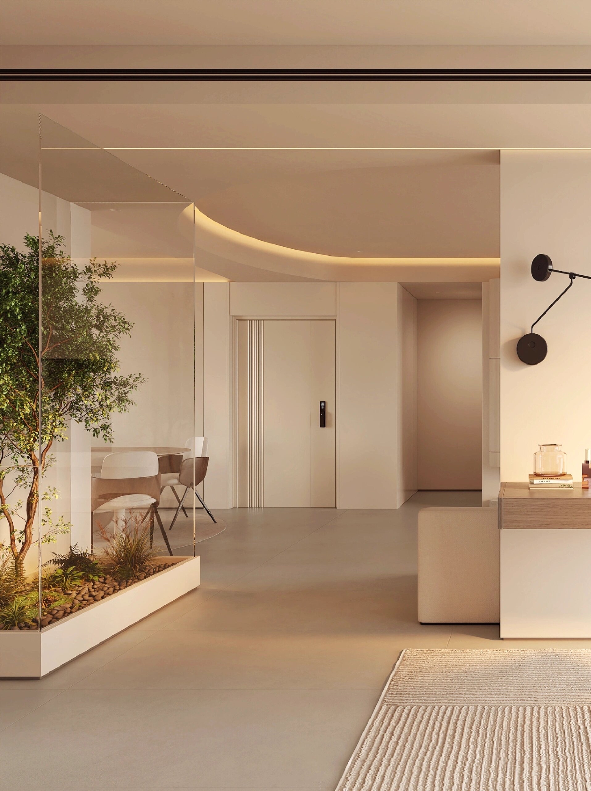 本次装修以现代简约风格为基调,主色调为暖白色和棕色,营造出温柔舒适