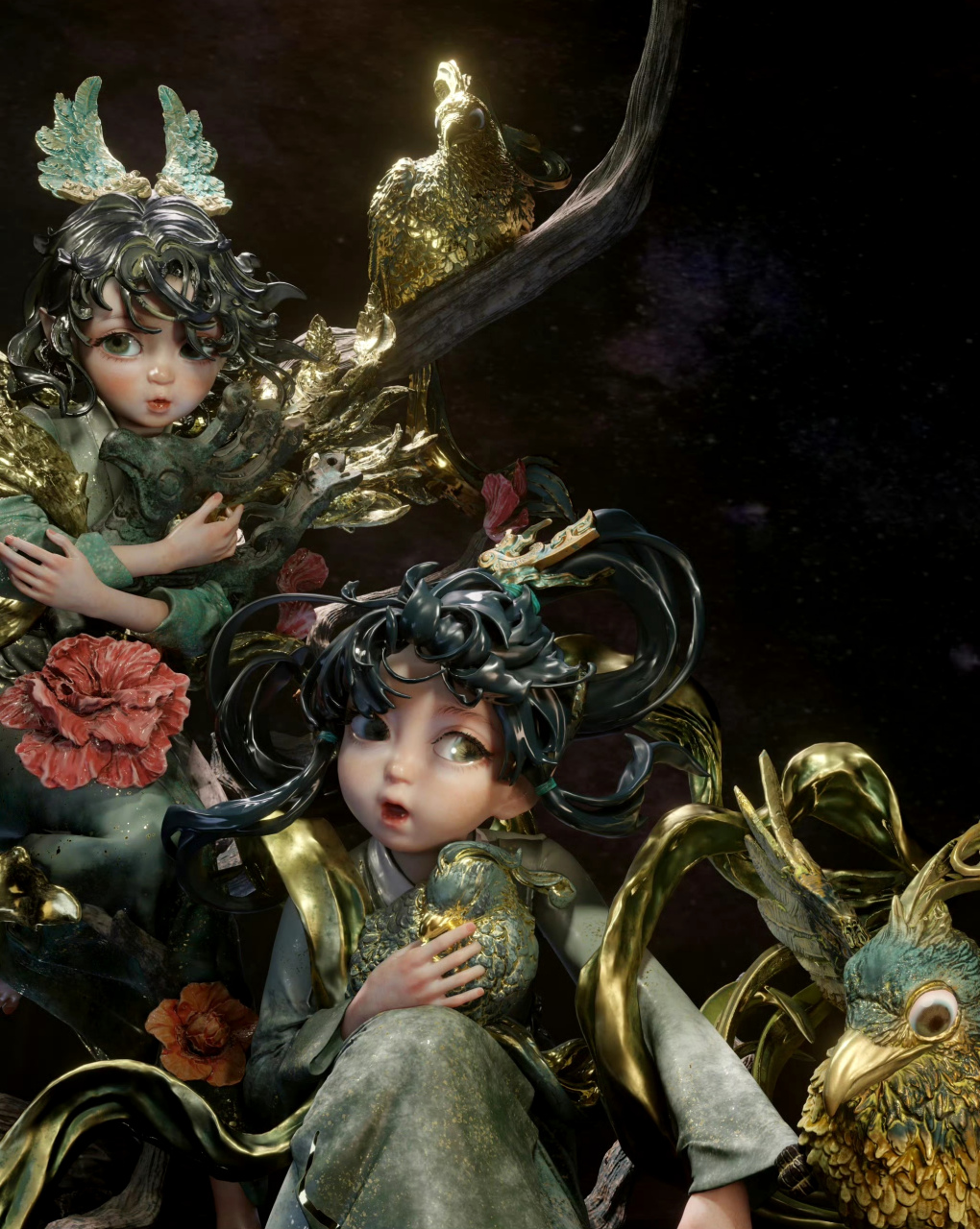 模型欣赏:一组三星堆青铜鸟拟人手办,赋予了文物可爱灵动的风格,by d2