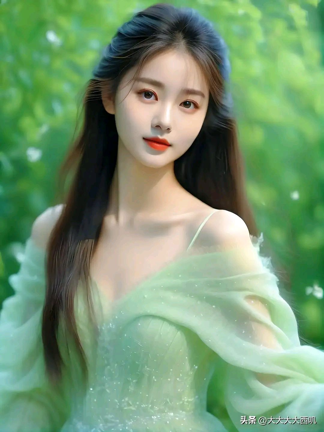 绿裙美女柳树下摄影