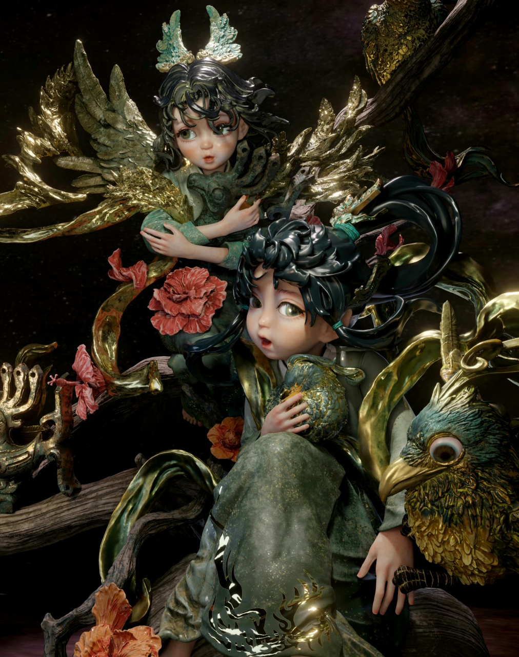 模型欣赏:一组三星堆青铜鸟拟人手办,赋予了文物可爱灵动的风格,by d2