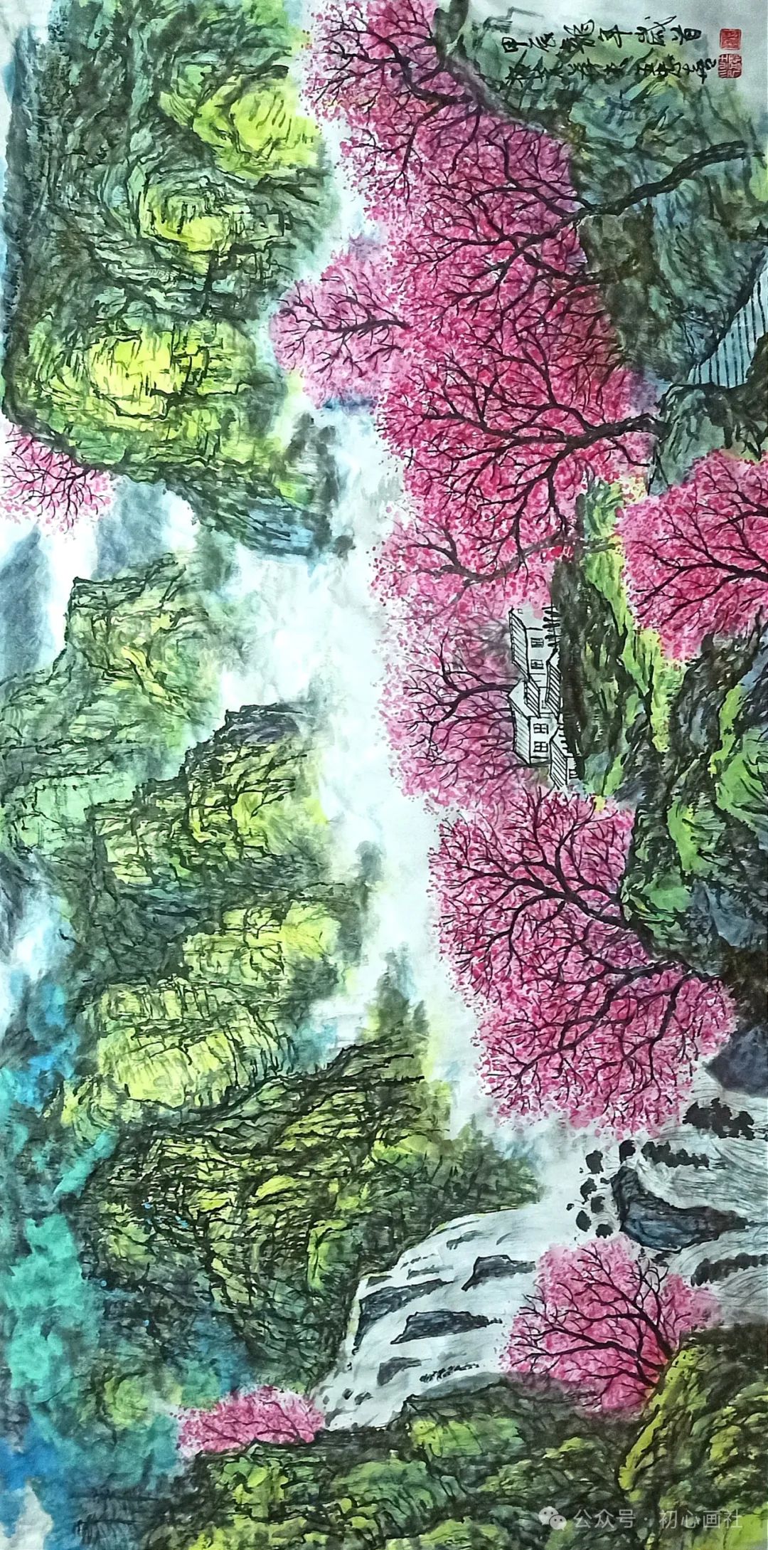 王忠喜《泉润山乡翠,桃花绿映红》68x136cm  黑龙江牡丹江(请横屏欣赏