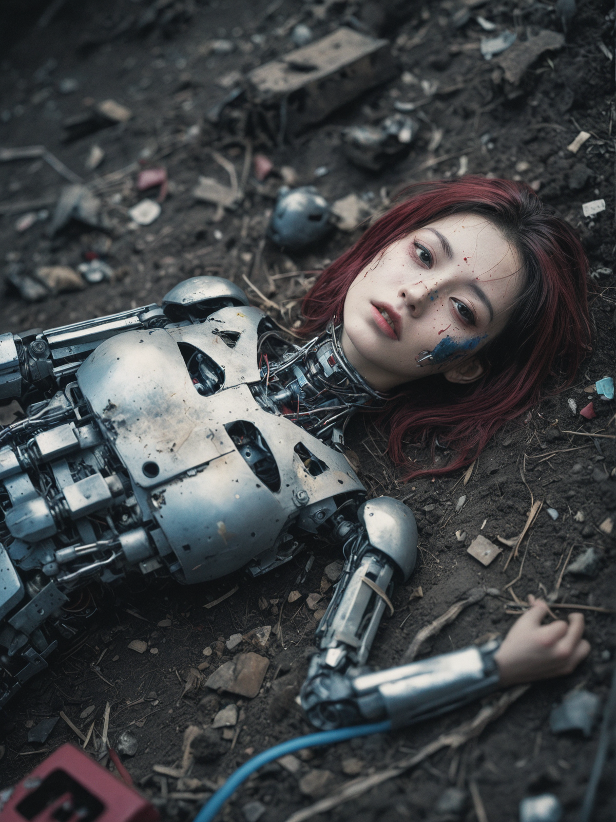 一具躺在废墟里的残破机器人,宛如一位英勇的战士在岁月的洪流中凋零