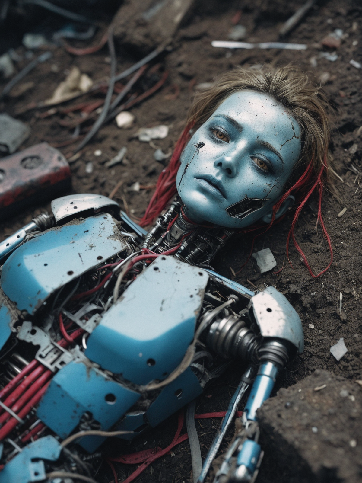 一具躺在废墟里的残破机器人,宛如一位英勇的战士在岁月的洪流中凋零