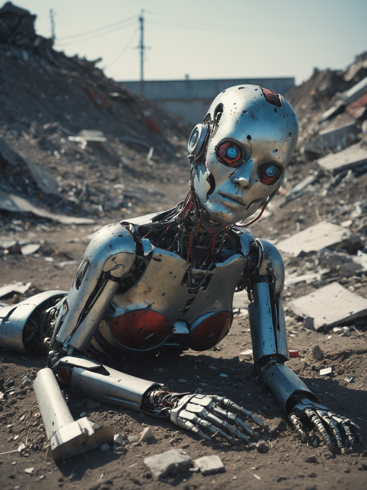 一具躺在废墟里的残破机器人,宛如一位英勇的战士在岁月的洪流中凋零