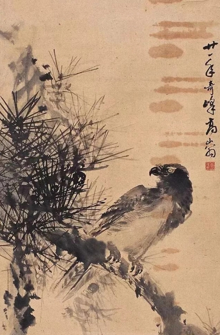 高奇峰的花鸟水墨淋漓,笔力雄厚,尤其是画鹰,眼神犀利,充满力量,很有