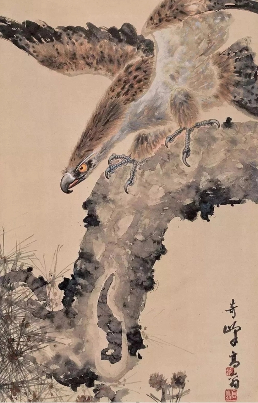 高奇峰的花鸟水墨淋漓,笔力雄厚,尤其是画鹰,眼神犀利,充满力量,很有