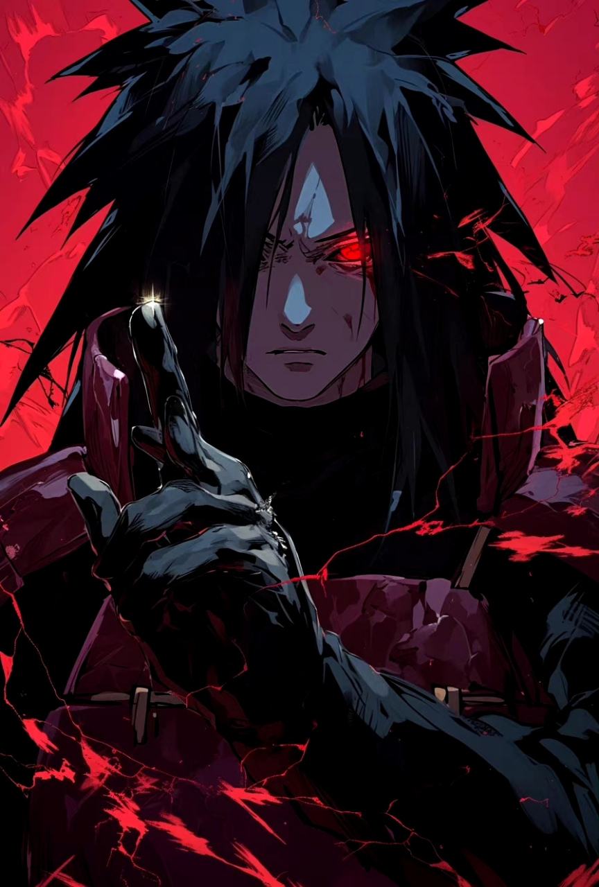 ai生成的一组火影忍者插画作品,描绘了宇智波家族的首领宇智波斑,展现