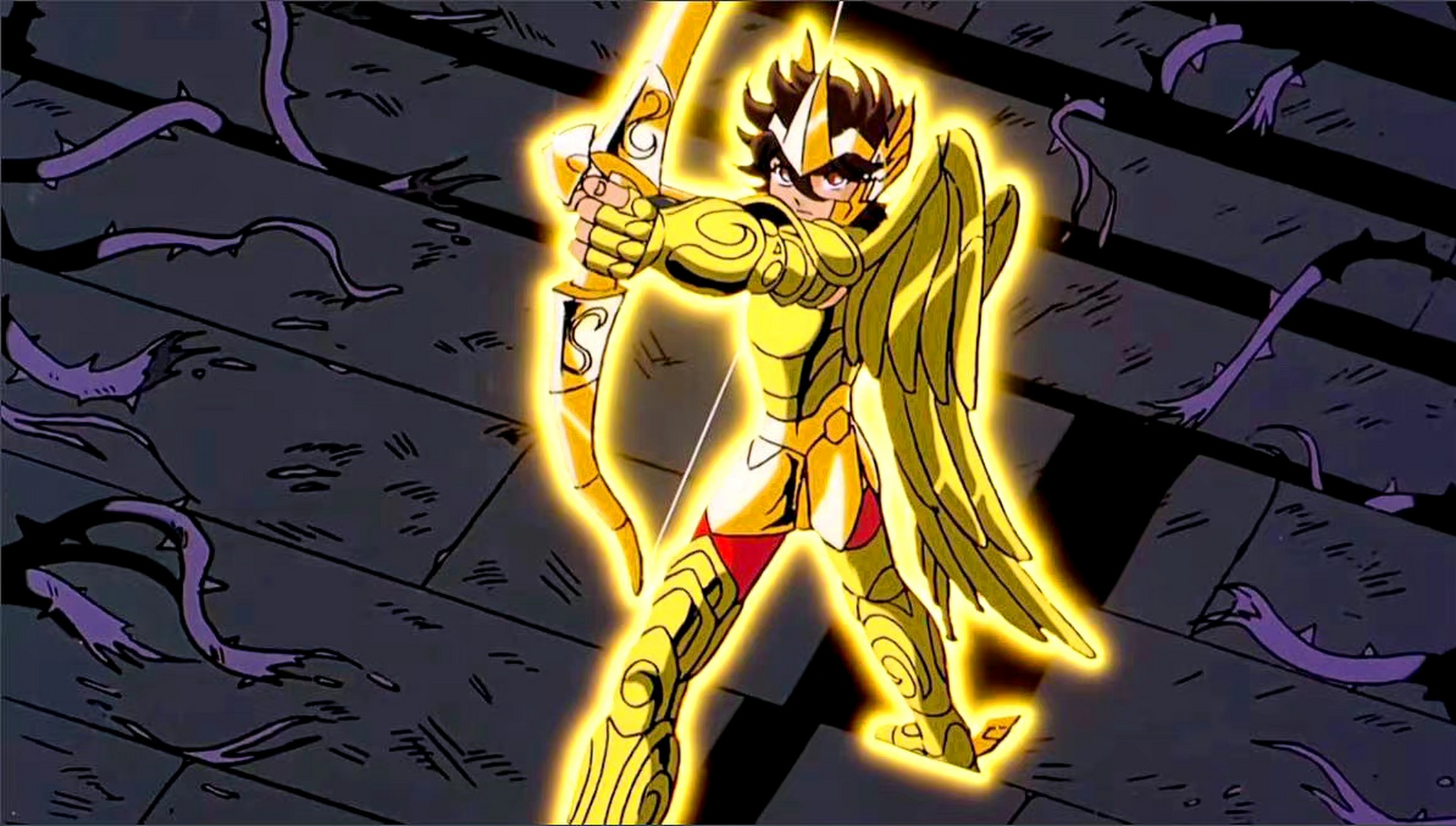 一组圣斗士星矢天马座星矢黄金圣衣着装剧照截图,展现了星矢身穿射手