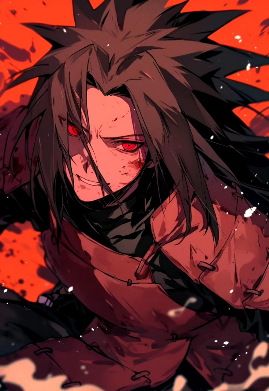 ai生成的一组火影忍者插画作品,描绘了宇智波家族的首领宇智波斑,展现