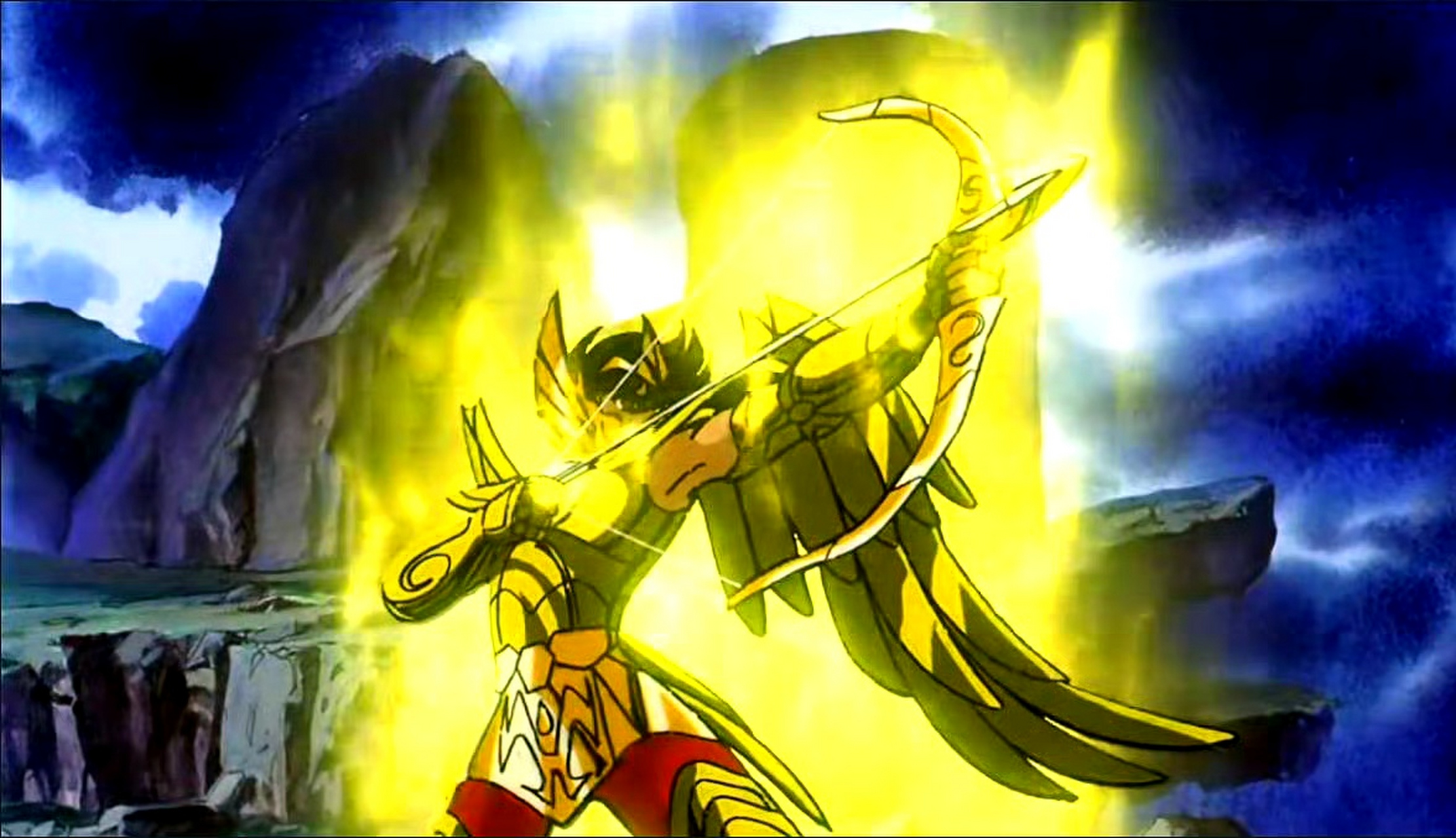 一组圣斗士星矢天马座星矢黄金圣衣着装剧照截图,展现了星矢身穿射手