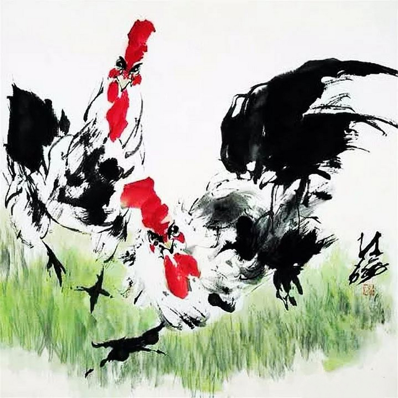 他画鸡极富夸张,却别有趣味!  这是老画家林成翰画的一组鸡.