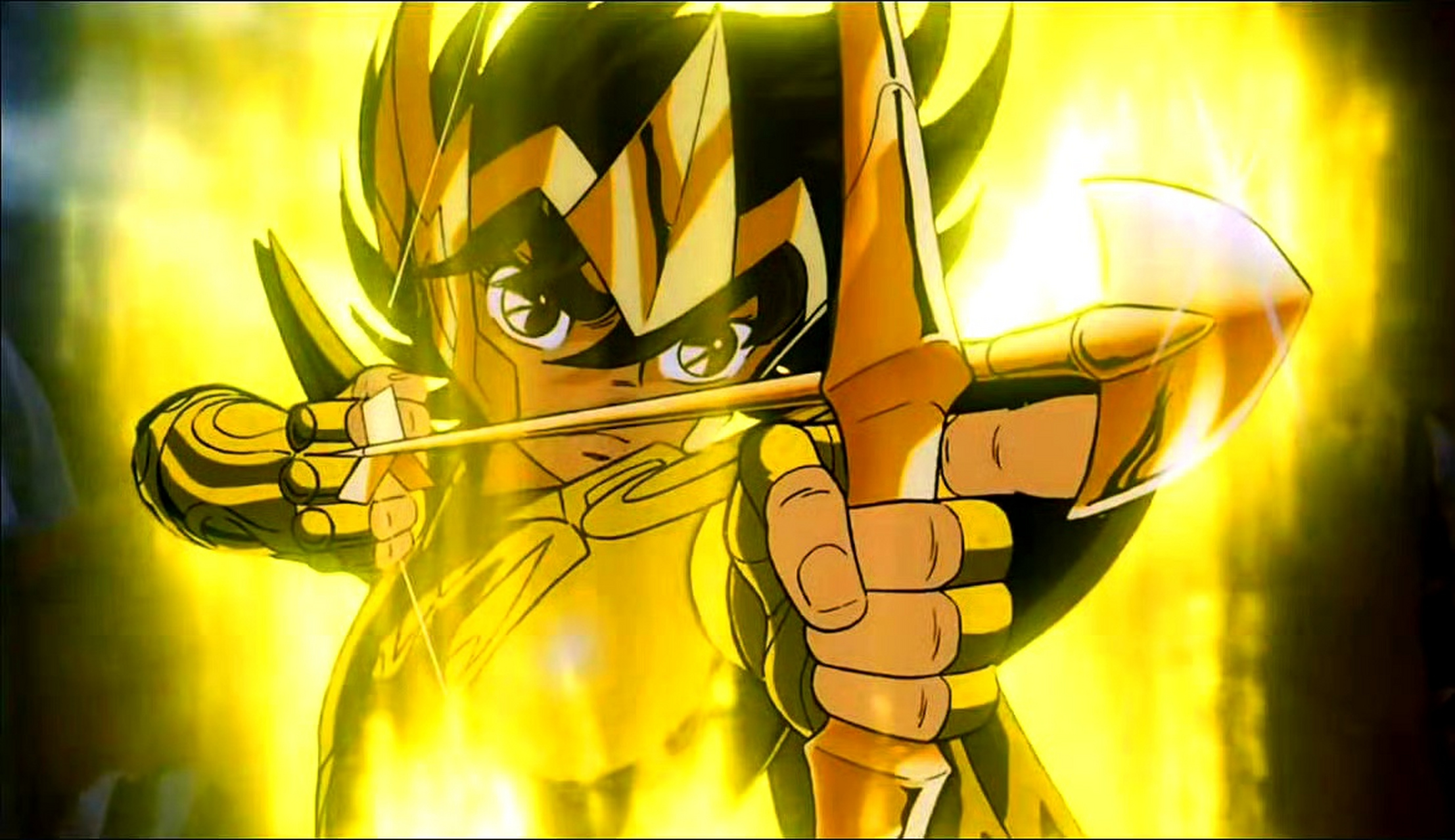 展现了星矢身穿射手座黄金圣衣的形象