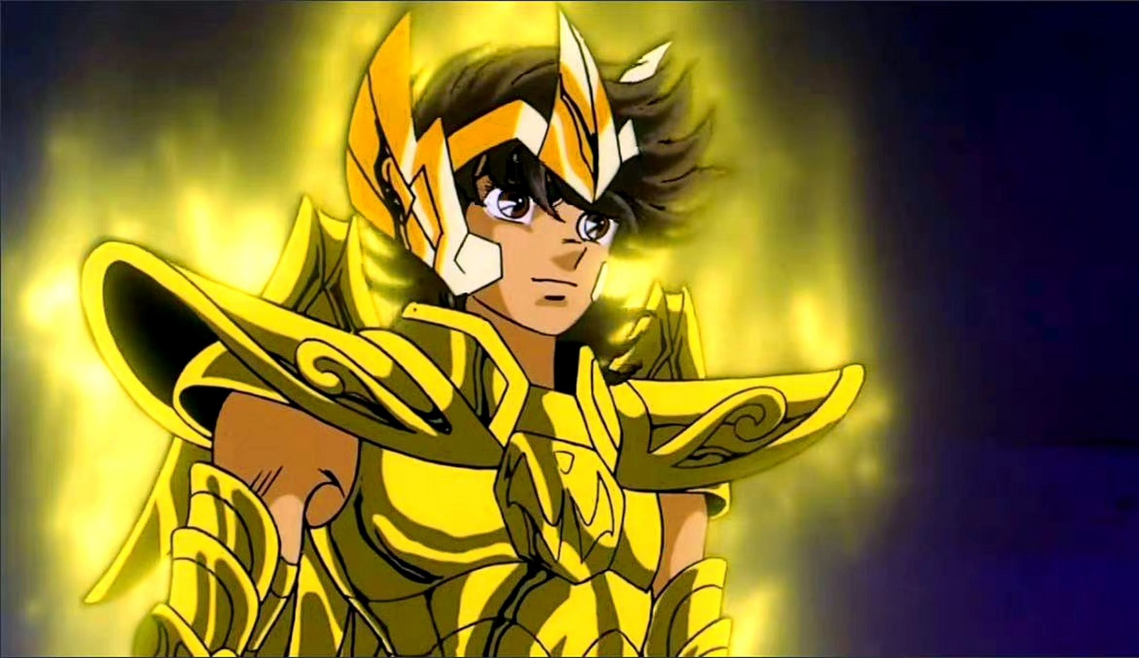 一组圣斗士星矢天马座星矢黄金圣衣着装剧照截图,展现了星矢身穿射手