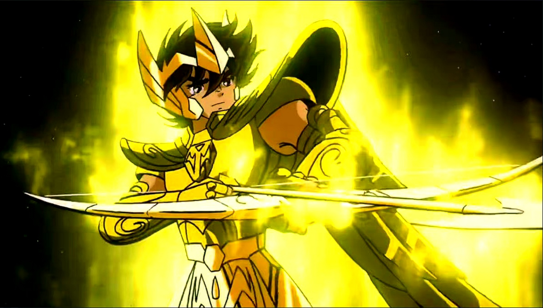 一组圣斗士星矢天马座星矢黄金圣衣着装剧照截图,展现了星矢身穿射手