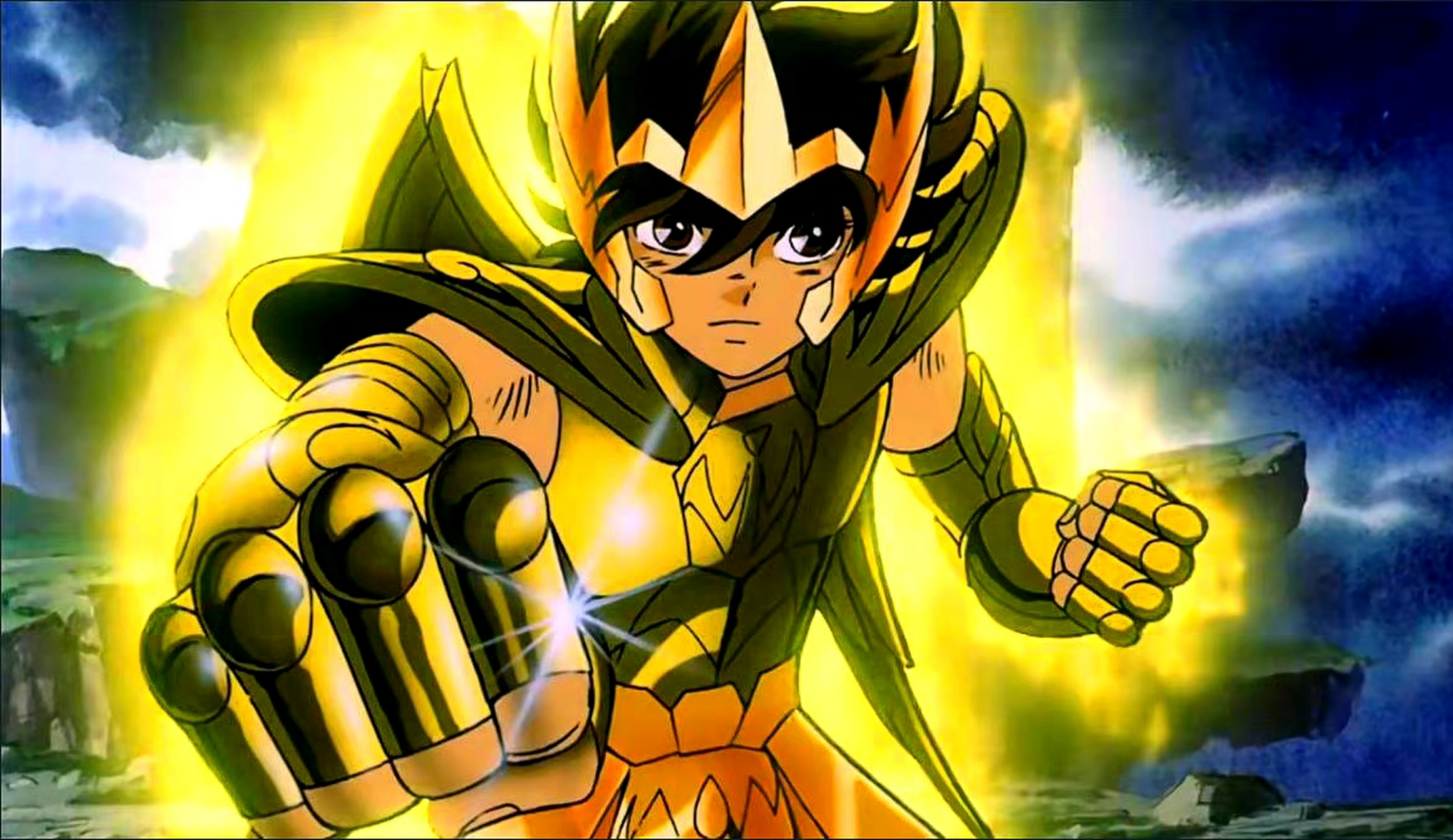 一组圣斗士星矢天马座星矢黄金圣衣着装剧照截图,展现了星矢身穿射手