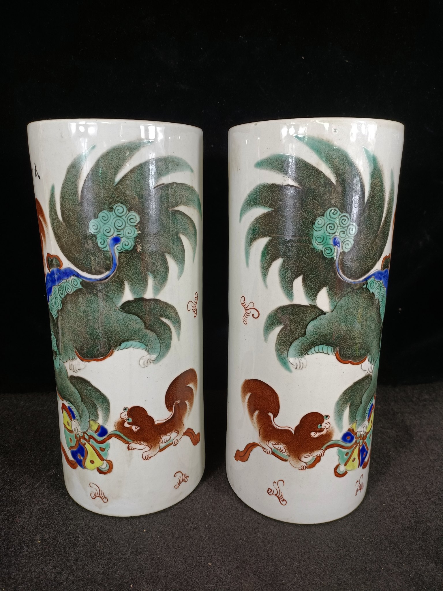 民国太师少保狮子狗帽桶一对,全品无残