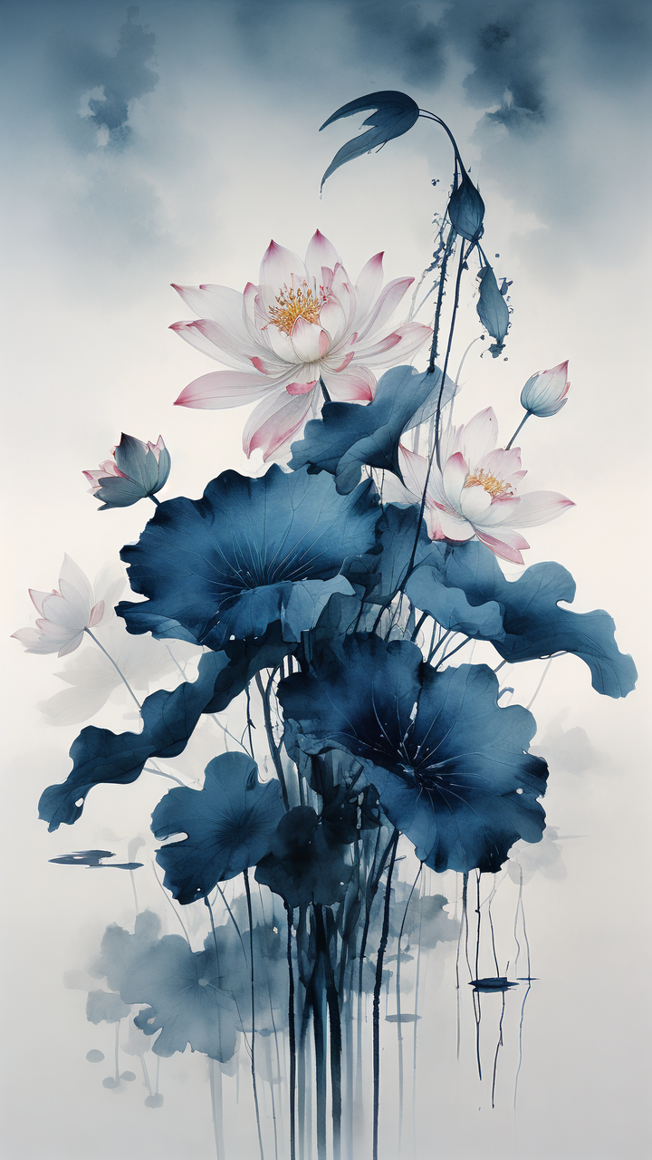 一束荷花荷叶,深蓝色背景,线条绘画造型,淡彩水墨风格