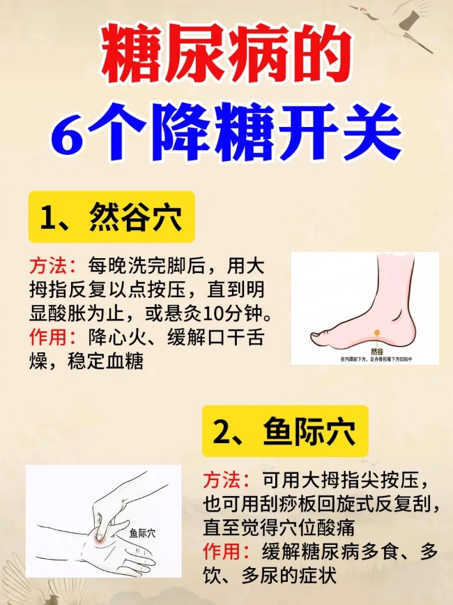 糖尿病的6个"降糖"开关,每天按一按 1,然谷穴 方法:每晚洗完脚后,用大