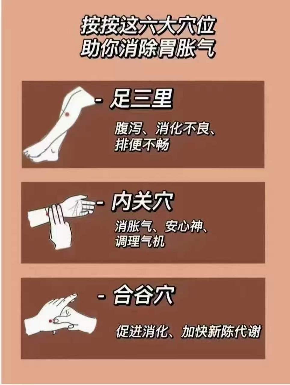 胃胀气,多按6个穴位,快速打通中焦  1,足三里穴位于小腿外侧,距胫骨