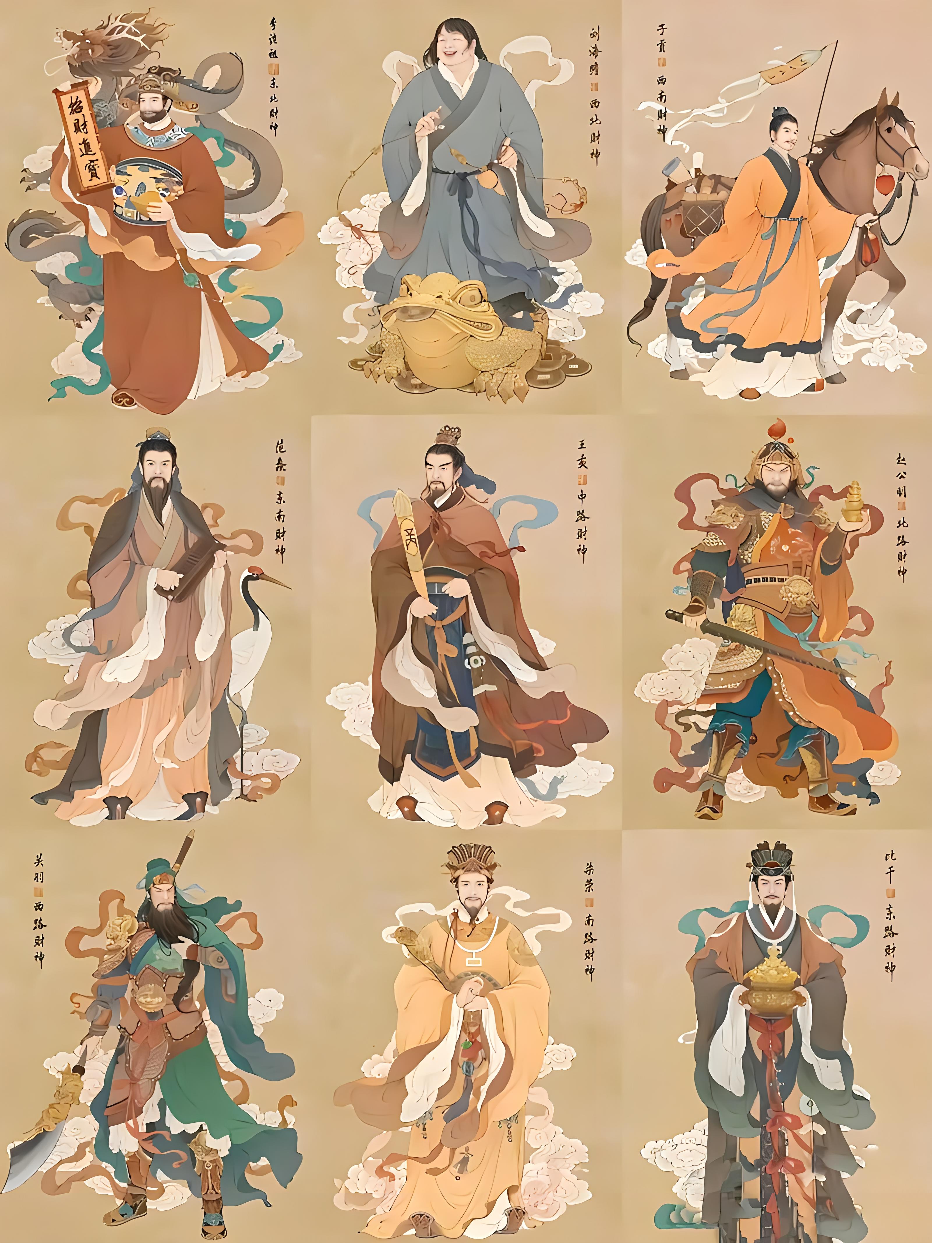 比干(东),柴荣(南),关公(西),赵公明(北),端木赐(西南),李诡祖(东北)