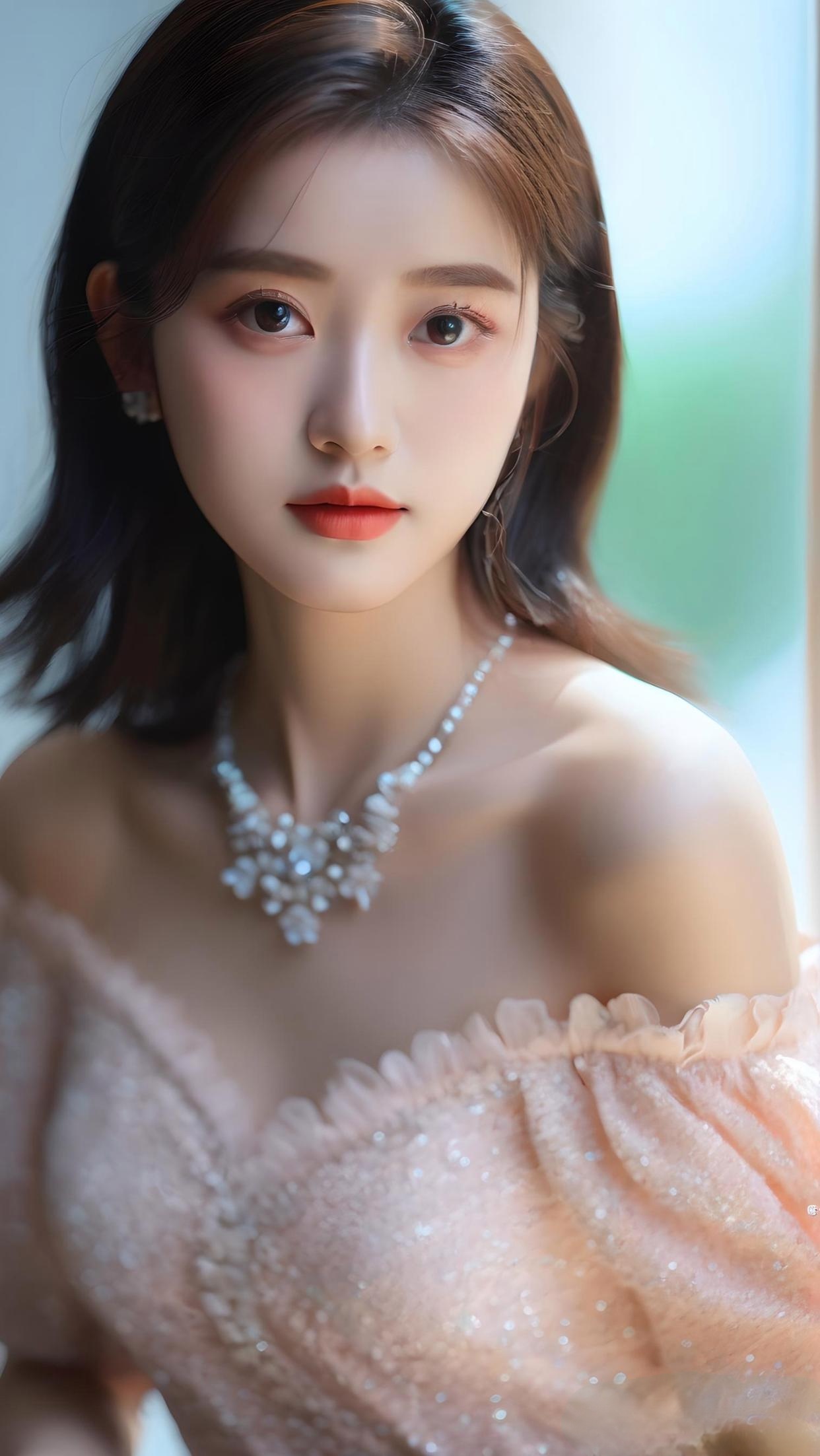 清秀小脸上一双水灵灵的大眼睛,细小脖子上挂着白色项链.