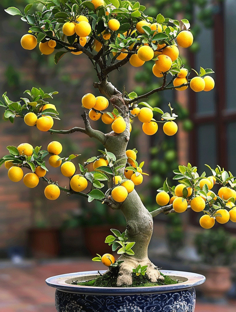 满树金黄色的果子挂满枝头,这金桔树盆景长得真好,摆庭院很不错