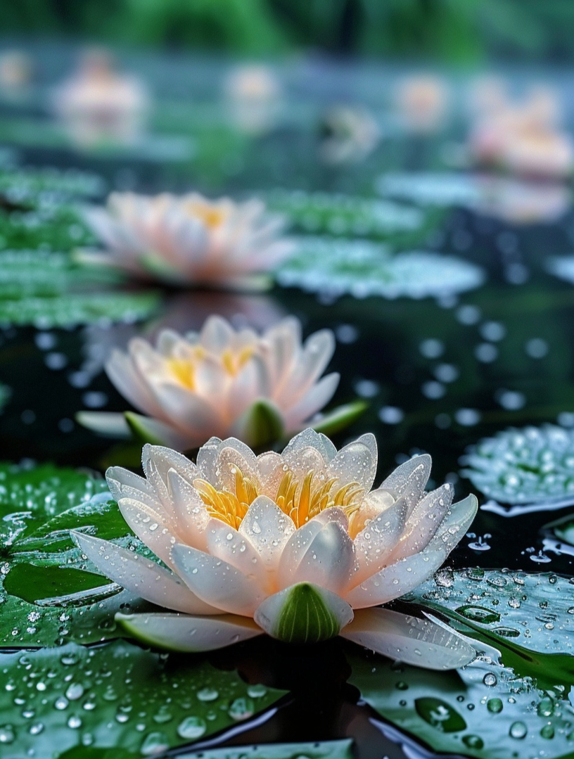 雨后睡莲池塘秘境:水珠辉映花影,生机盎然的水中世界