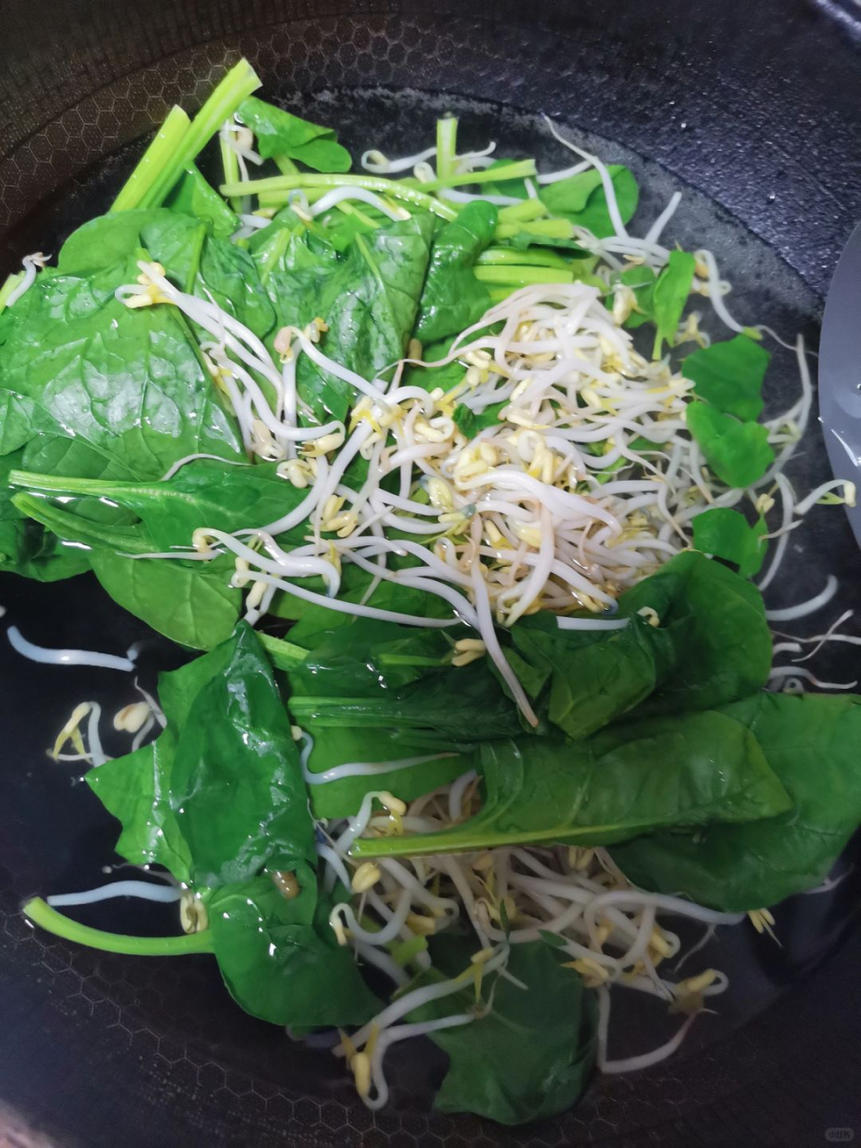 清爽豆芽菠菜拌  97材料:豆芽,菠菜,蒜,葱,干辣椒.