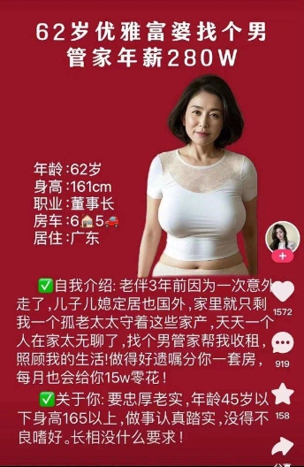 62岁广东富婆，寻求男管家一名，老伴3年前因为一次意外走了