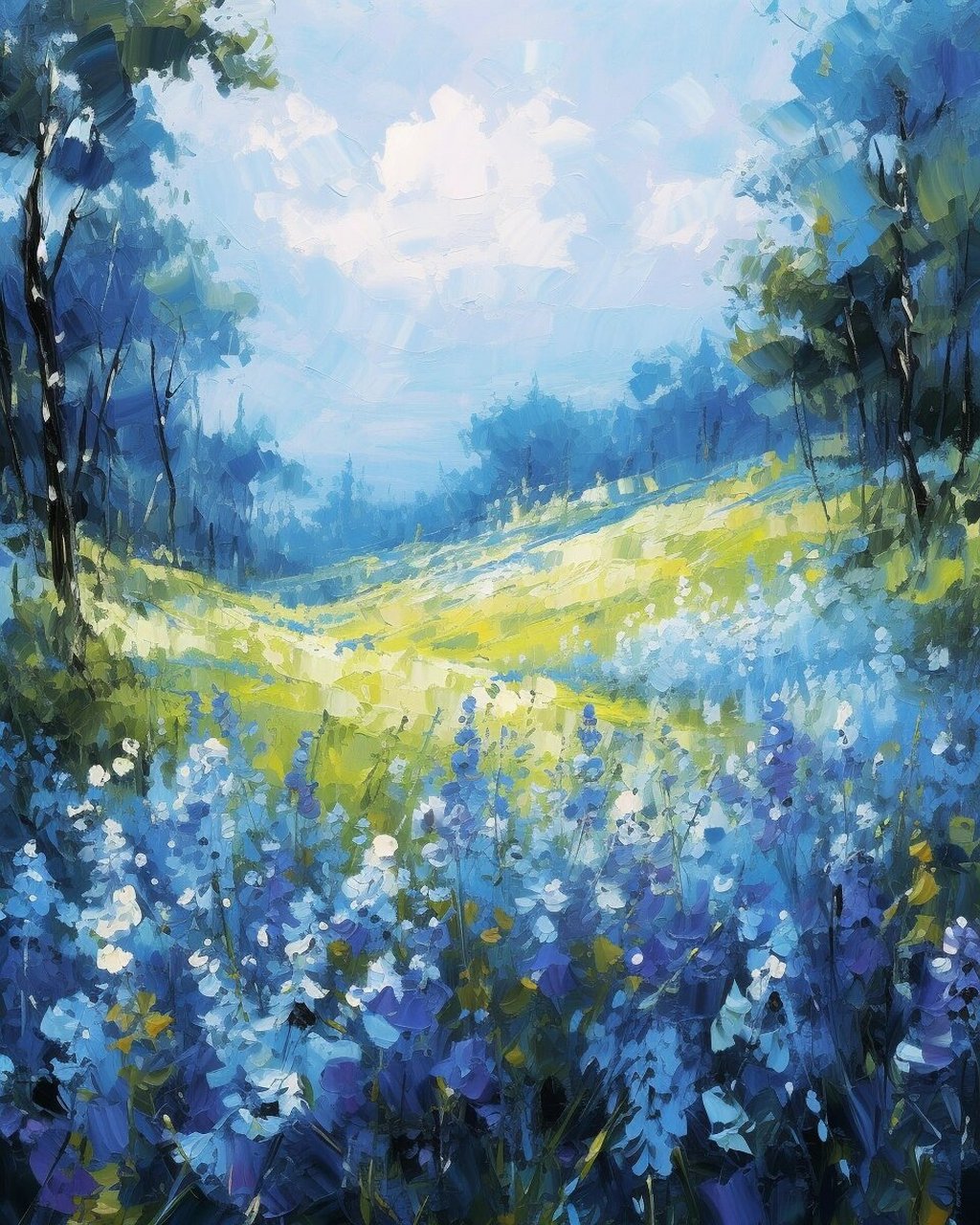 油画风景图片  midjourney|蓝色花海