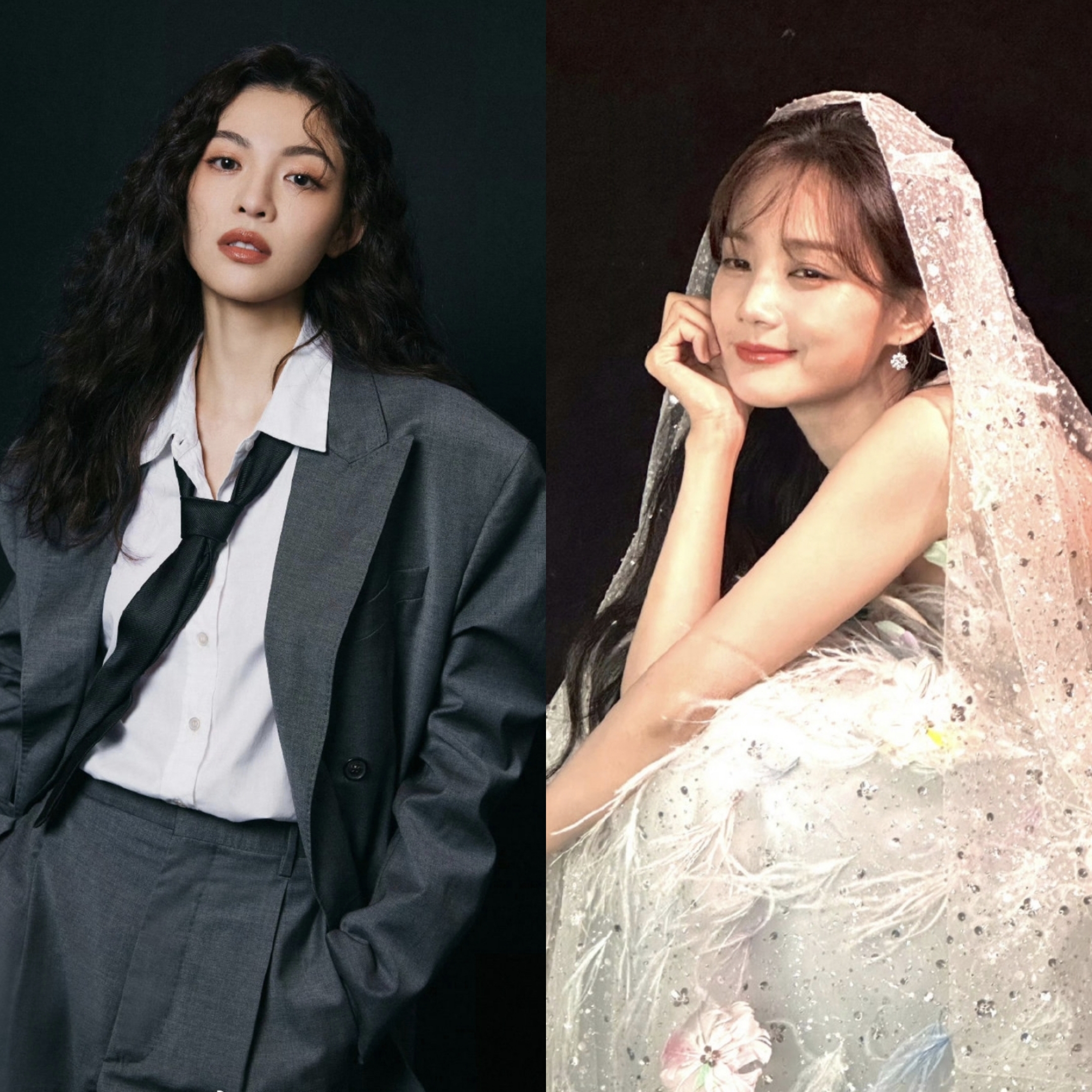 钟楚曦身穿一身灰色西装,酷帅有型,李一桐身穿洁白婚纱娇俏可爱!