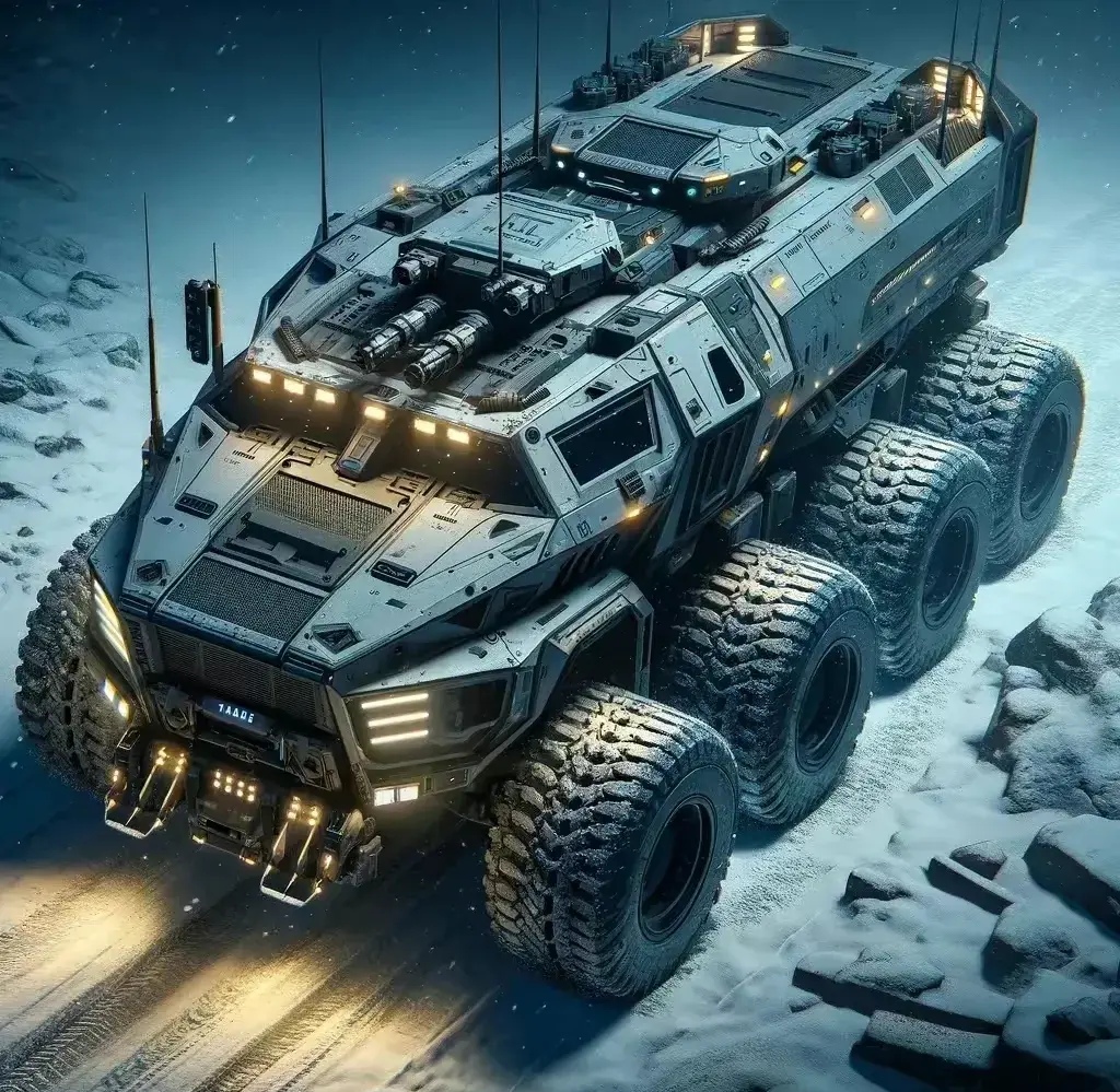 ai生成的一组未来战斗车辆作品,采用了多轮底盘,安装有重型武器,适合