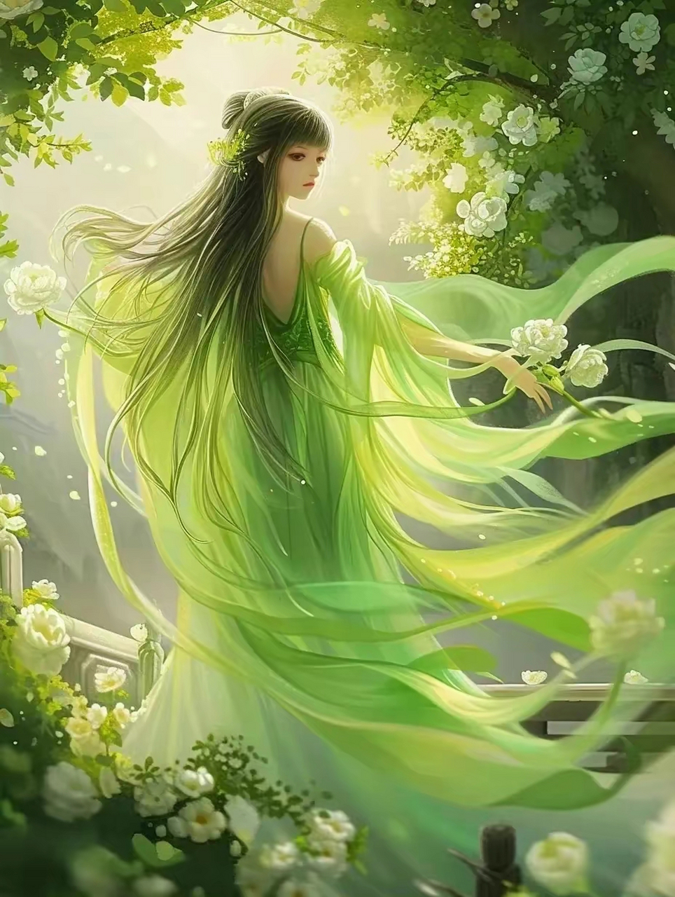插画分享～绿色古风美女,悠然飘来,事事皆欢