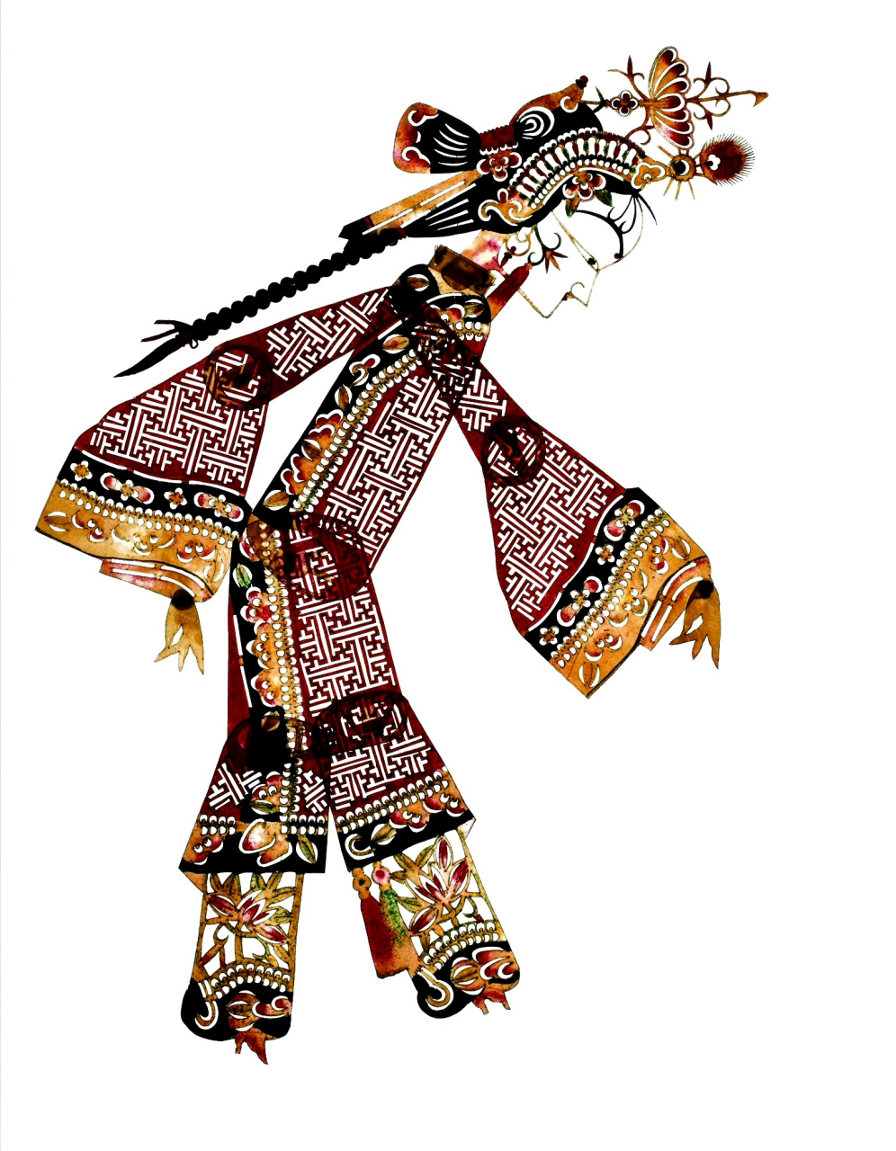 一组皮影人偶作品欣赏,展现了不同角色的皮影艺术表达,人偶花纹与服饰