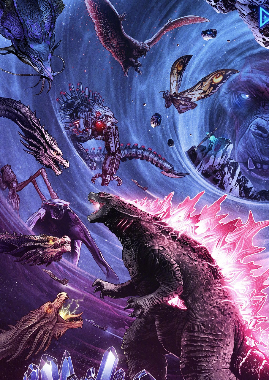 传奇的"怪兽宇宙"十周年饭制手绘艺术海报,哥斯拉和金刚领衔各种巨兽