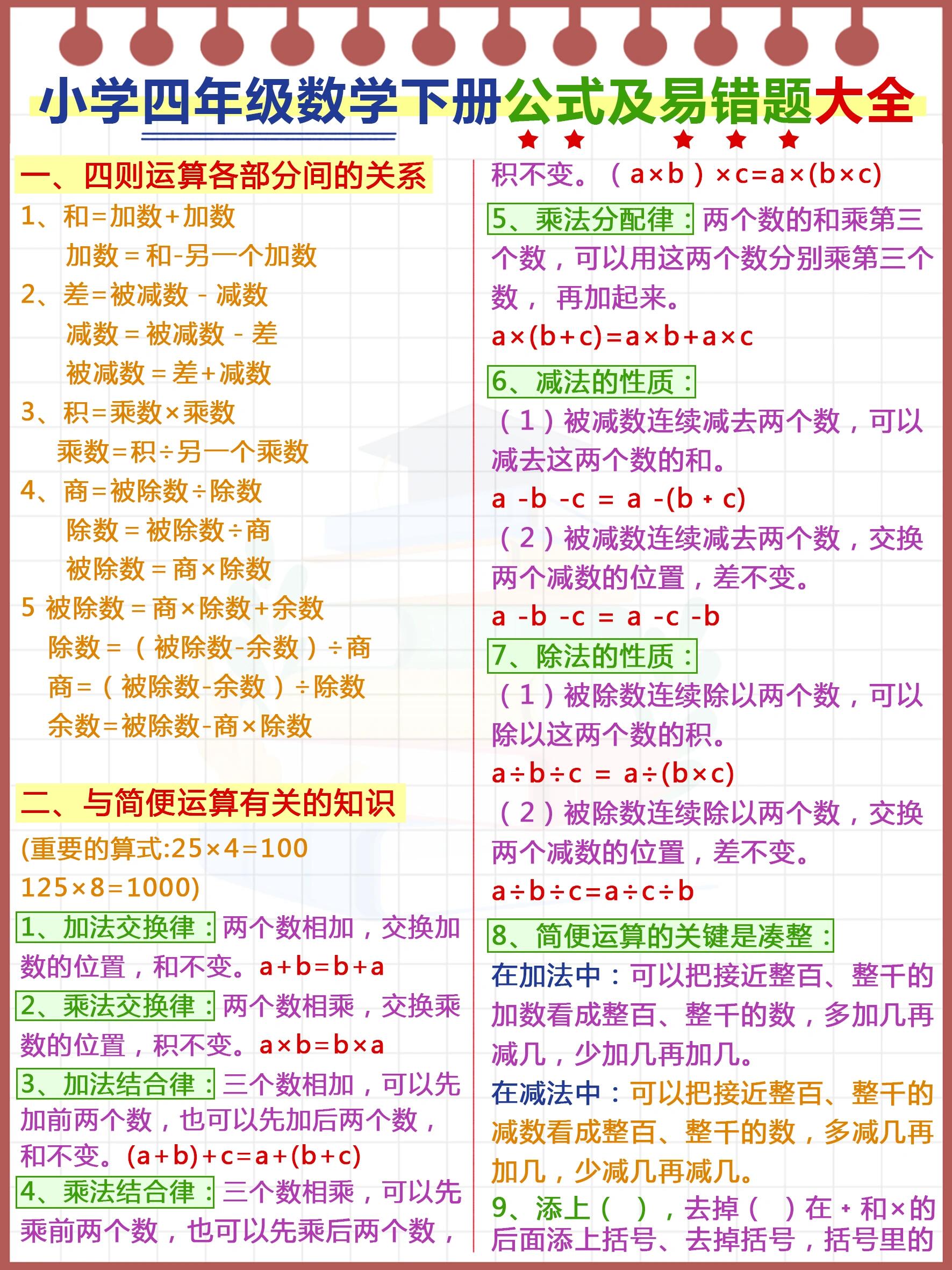 总结四年级下册数学总复习知识点总结数学知识点怎么写四年级下册四