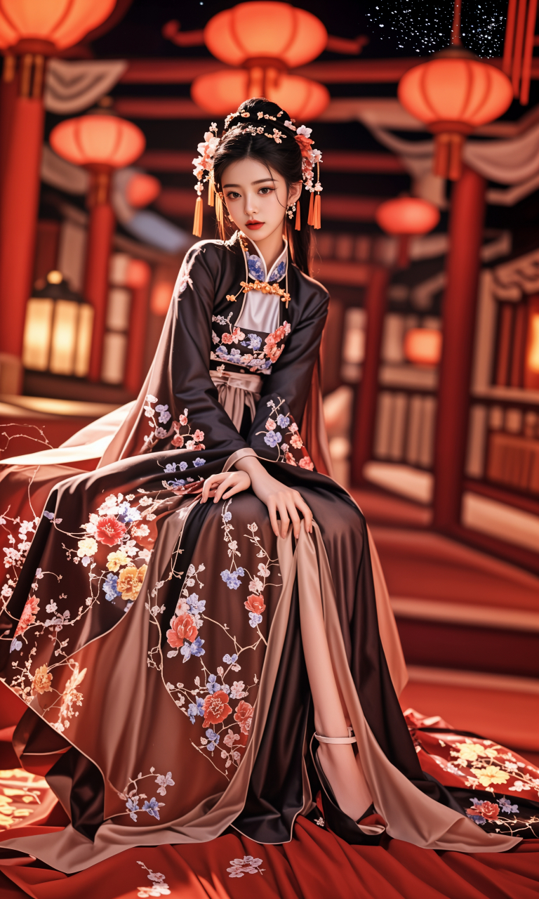 美女# #ai美女壁纸# 	华丽的中式阳台上,一位身着鲜艳汉服红裙的门