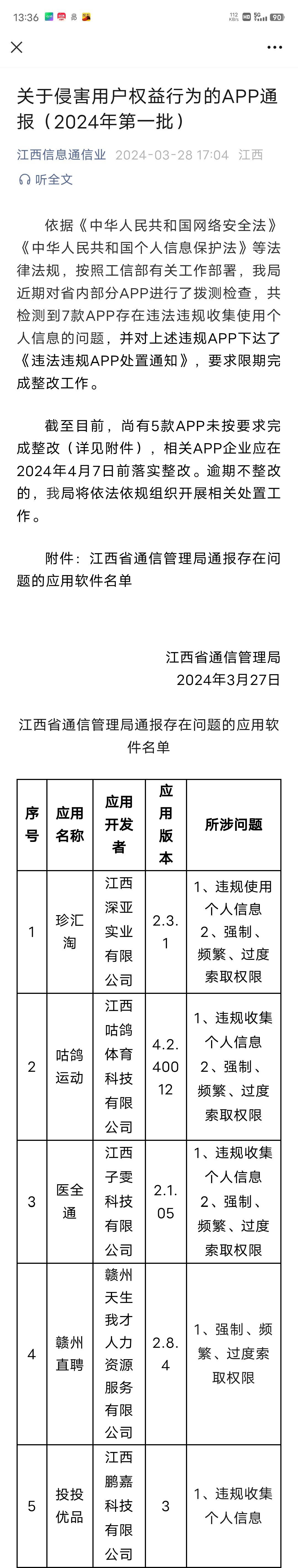 【江西省通信管理局通报存在问题的应用软件名单】江西省通信管理局