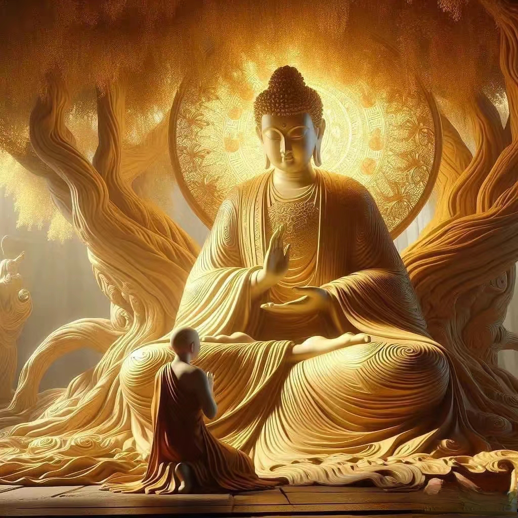 金色的佛像端坐在中央,双手合十,仿佛在沉思或祈祷,散发出一种庄重而